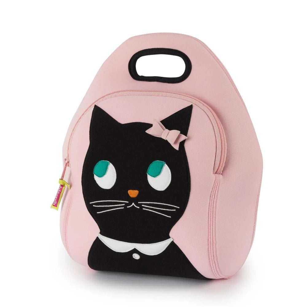 Dabbawalla Lunch Bag pink with black cat applique and bow, shown with top handle for easy carrying.