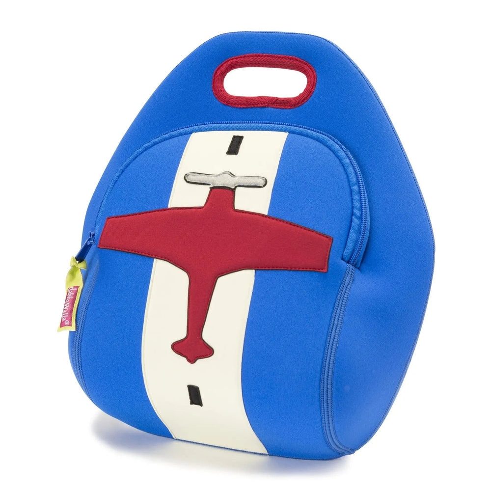 Dabbawalla Lunch Bag blue with white stripe and red airplane emblem, zipper closure and sturdy top handle.