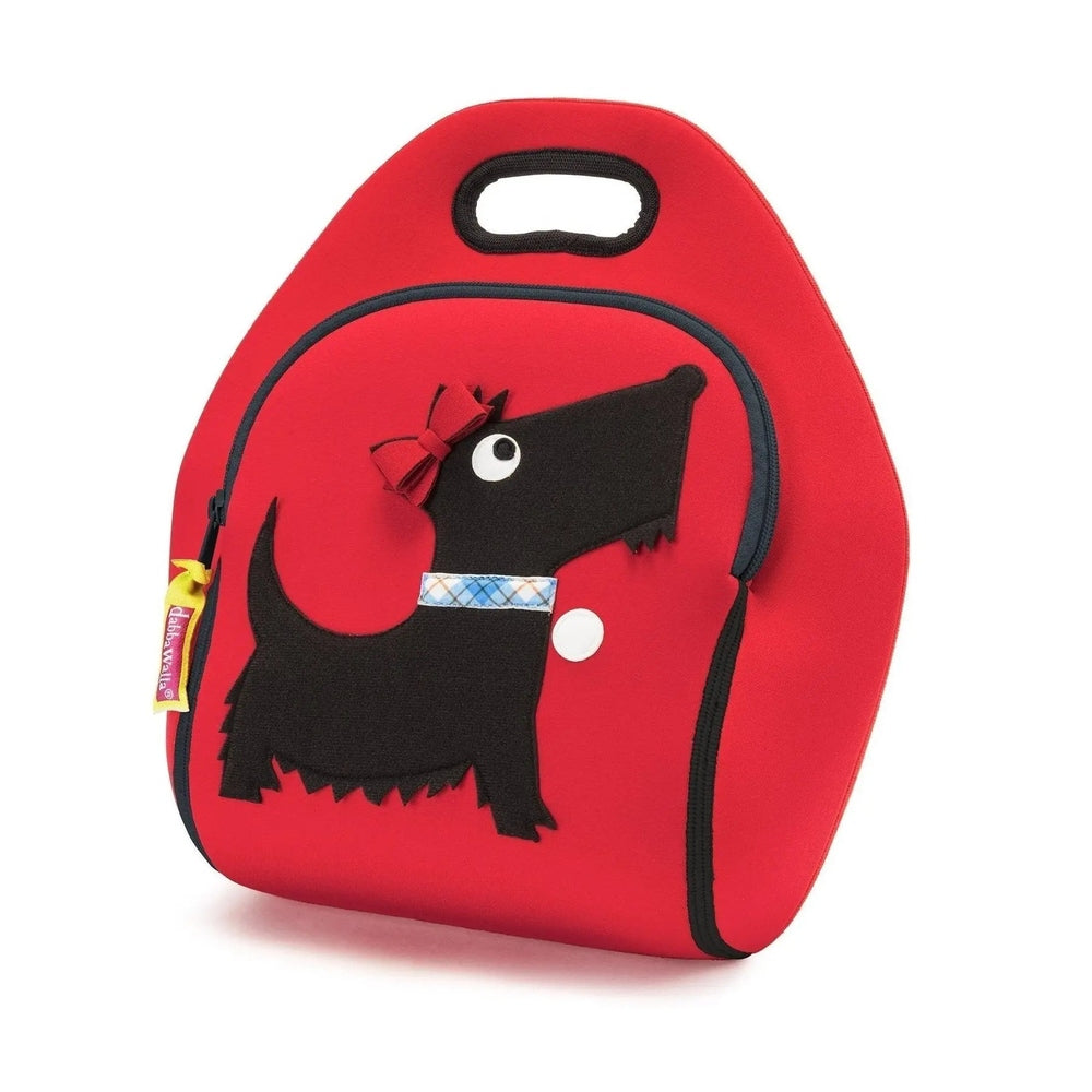 Dabbawalla Lunch Bag red with black dog applique, blue plaid collar, yellow zipper pull, top carrying handle.