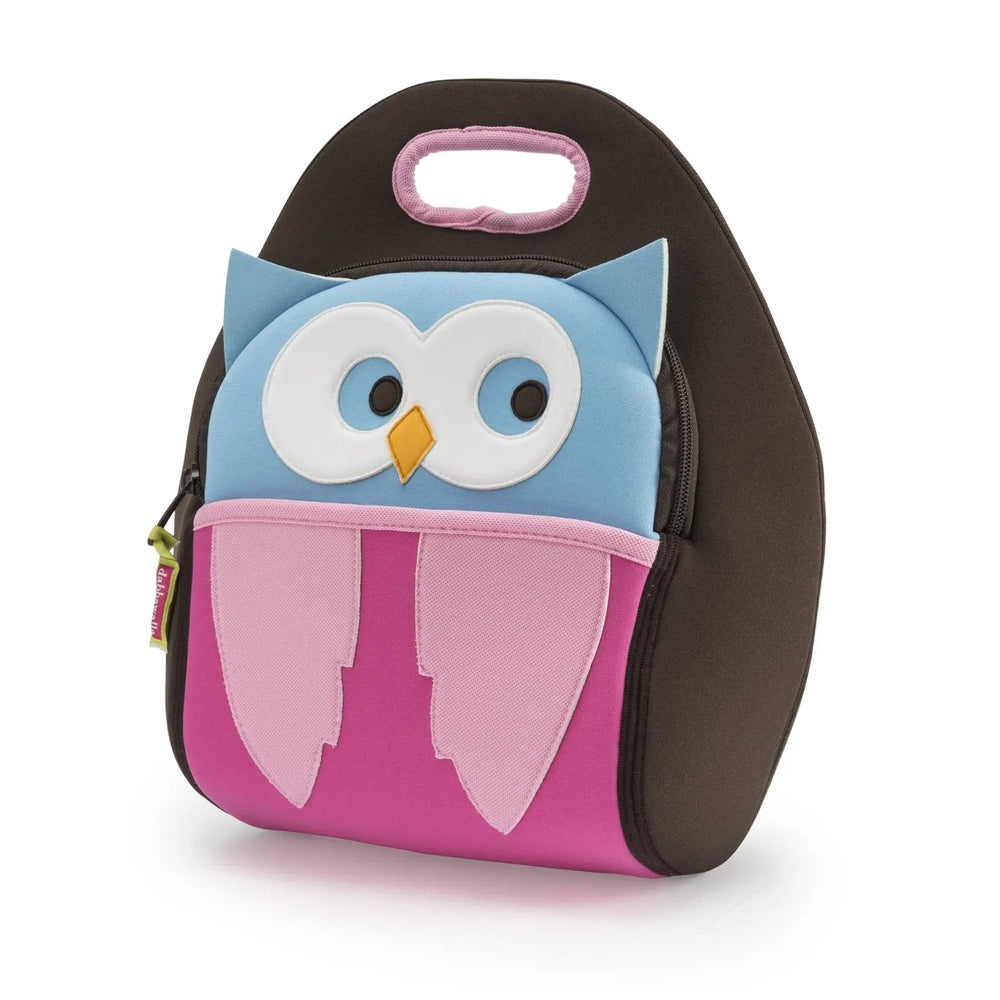 Dabbawalla Lunch Bag brown tote with blue owl face and pink wings; zipper closure and pink handle.