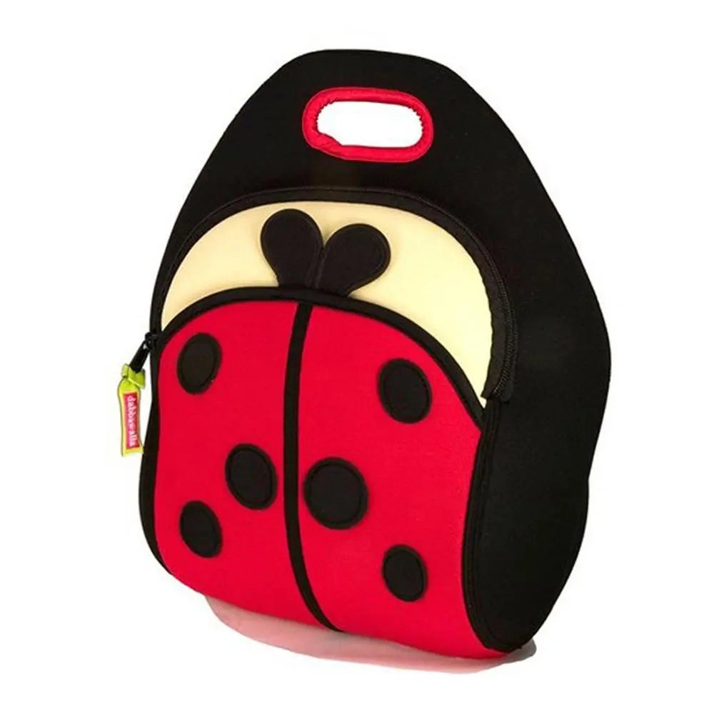 Dabbawalla Lunch Bag red ladybug design with black spots, top red handle, zippered pocket.
