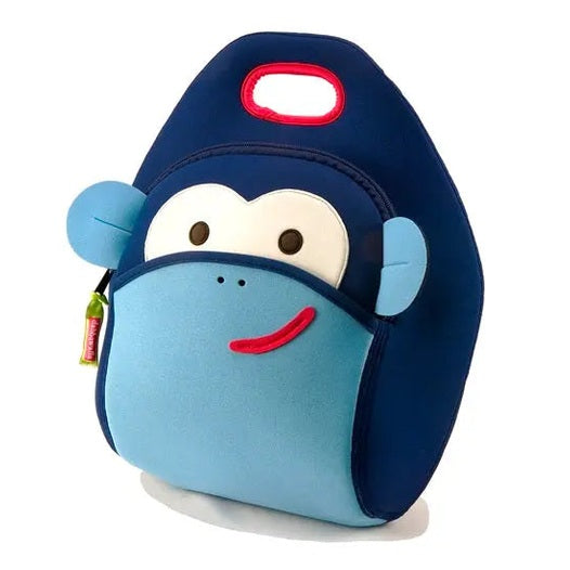 Dabbawalla Lunch Bag in blue monkey design with front zip pocket and top handle, padded fabric tote.