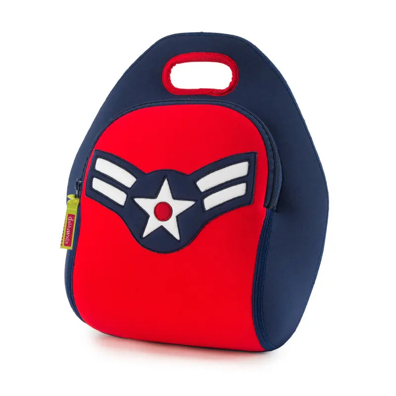 Dabbawalla Lunch Bag red with navy sides and star emblem; insulated tote with sturdy top handle