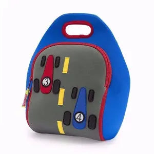 Dabbawalla Lunch Bag blue with gray road-panel, kid-friendly top handle held for easy carrying.