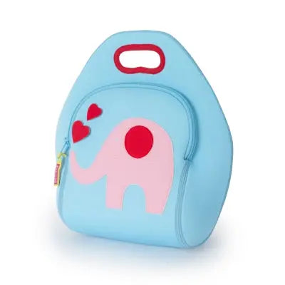 Dabbawalla Lunch Bag in blue with pink elephant graphic; red top handle shows easy-carry design.