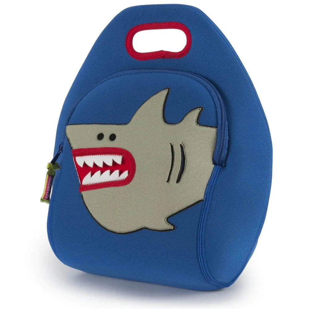 Dabbawalla Lunch Bag blue neoprene with gray shark applique; top red-handled carry handle and zipped front pocket.