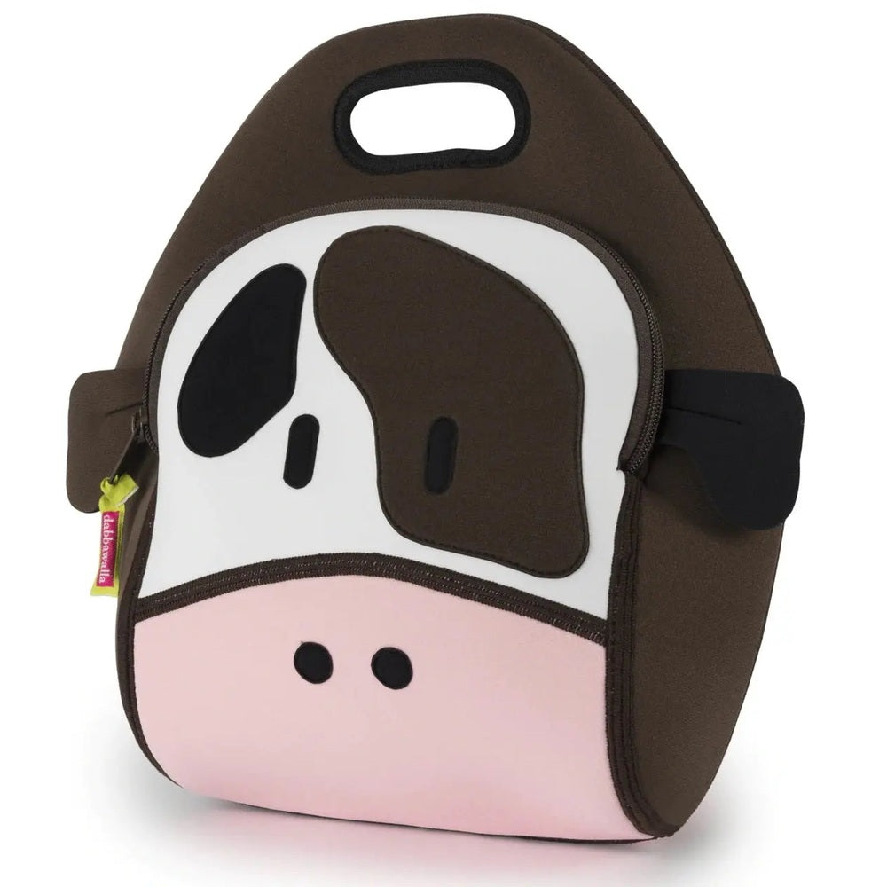 Dabbawalla Lunch Bag in brown/pink cow-face theme with top handle and zip closure.