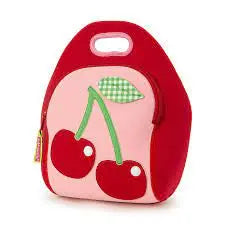 Dabbawalla Lunch Bag in red with pink cherry print, handle raised for easy carrying.