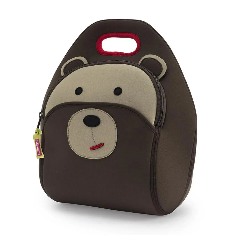 Dabbawalla Lunch Bag, brown bear design with beige face and red zipper pull, shown with a red top handle.