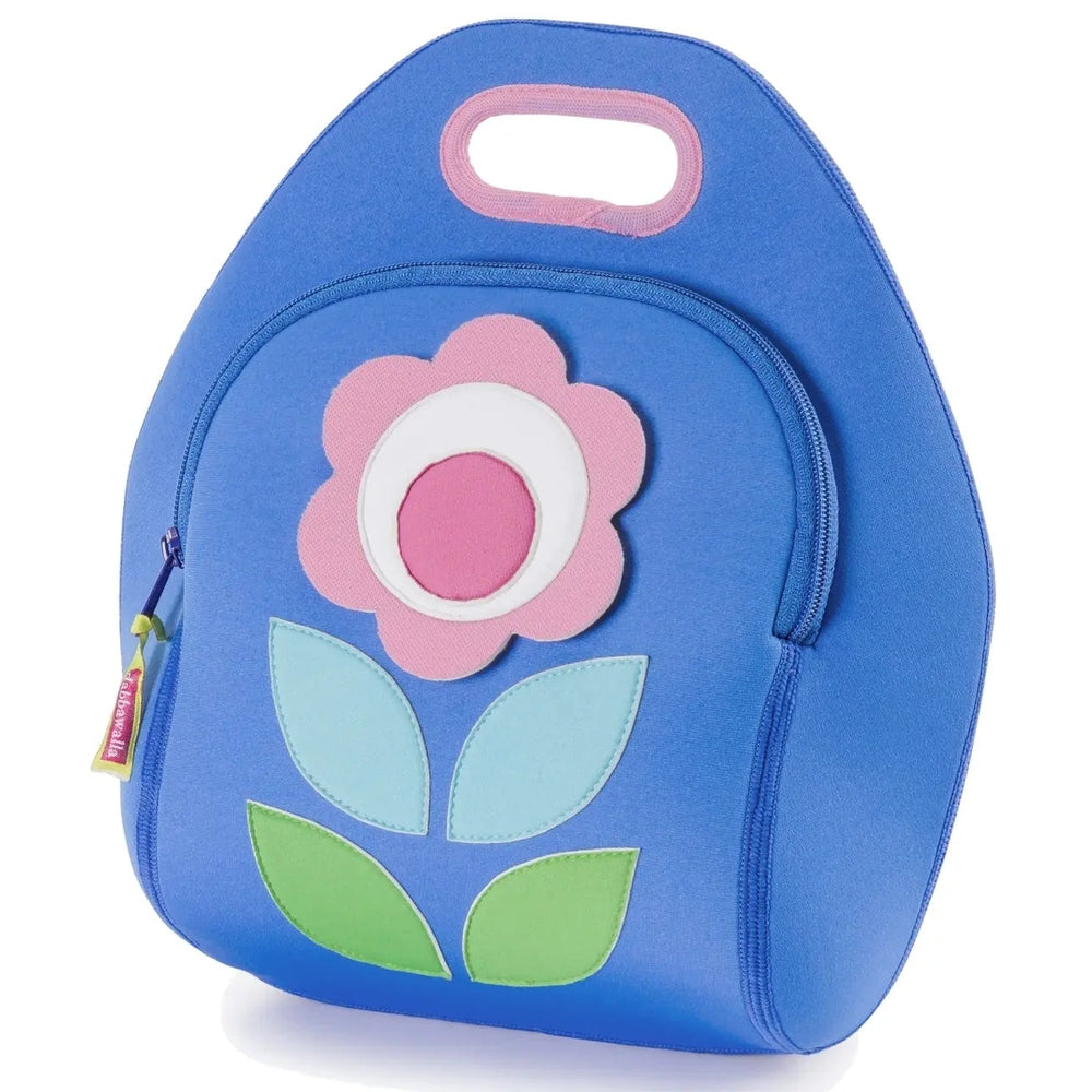 Dabbawalla Lunch Bag blue with pink flower applique and colorful leaves; includes a top handle cutout.