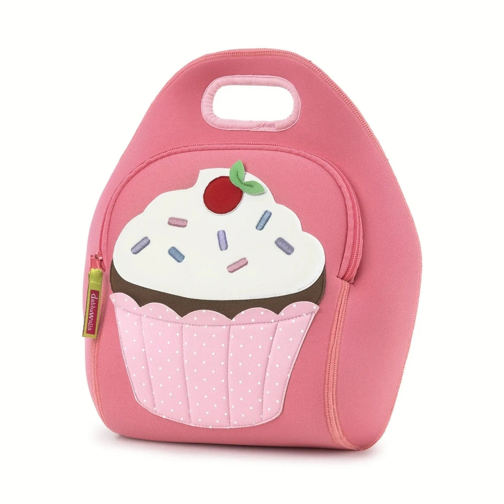 Dabbawalla Lunch Bag pink with cupcake applique featuring sprinkles and cherry, zipper closure visible.