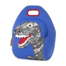Dabbawalla Lunch Bag blue with gray dinosaur graphic, insulated kid-friendly lunch carrier with a sturdy top handle.