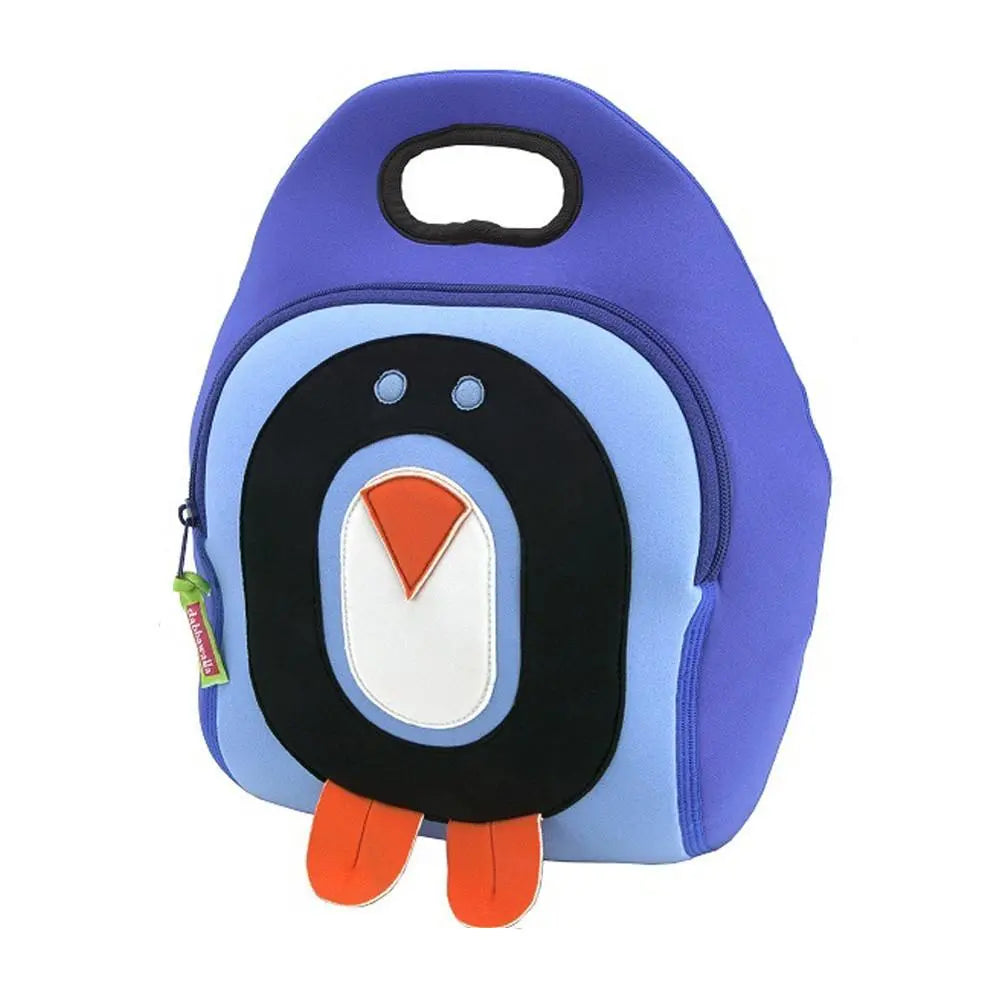 Dabbawalla Lunch Bag, purple insulated kid’s tote with blue penguin face, zipper, and orange feet.