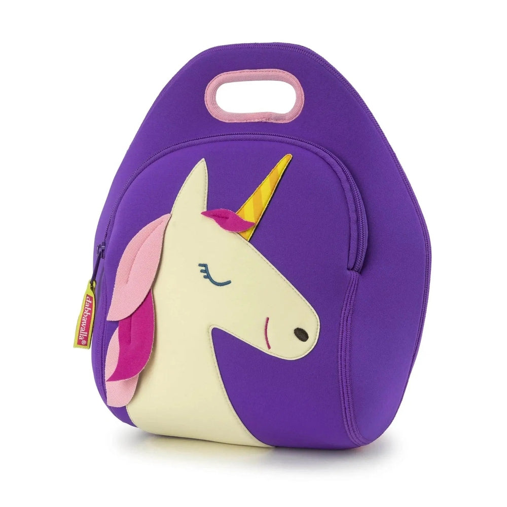 Dabbawalla Lunch Bag in purple with cream unicorn face applique and pink mane, featuring a pink-handled top for easy carrying.