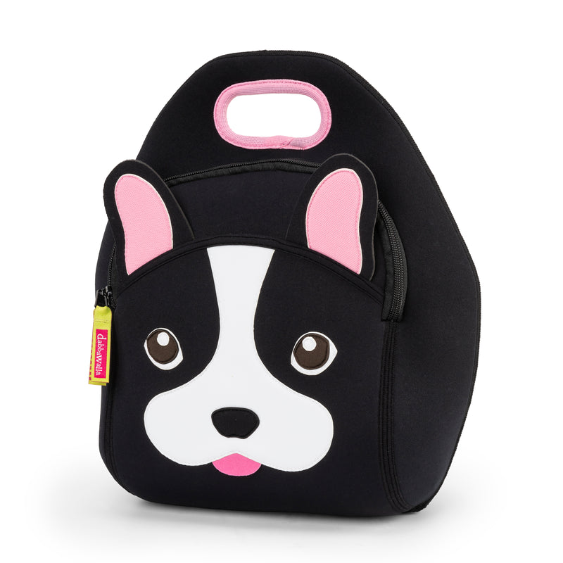 Dabbawalla lunch bag French Bulldog, black with white face, pink ears and yellow zipper pull