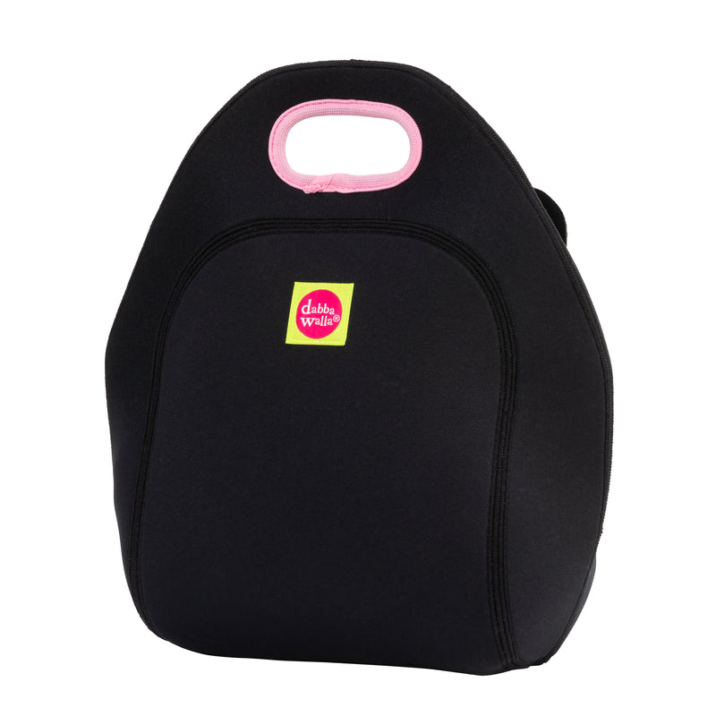 Dabbawalla French Bulldog lunch bag, black with pink handle and logo