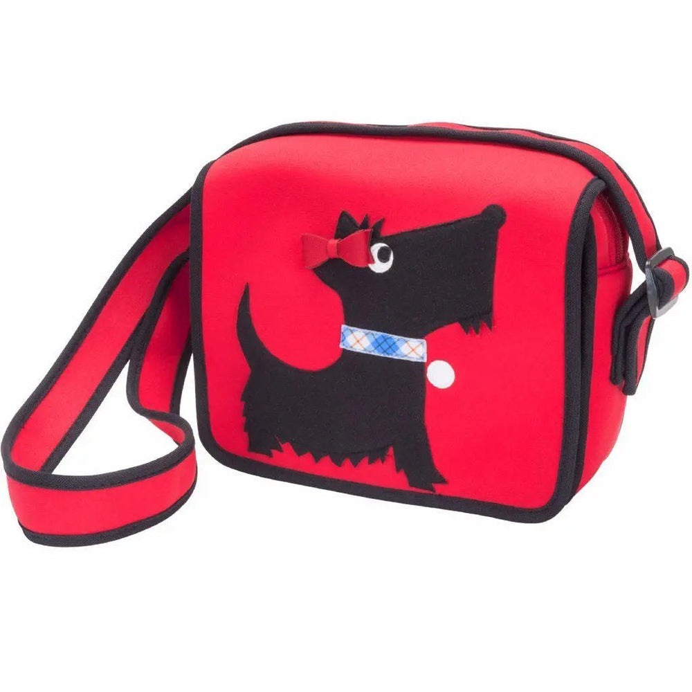 Dabbawalla Machine Washable Messenger Bag in red; crossbody strap across, black dog silhouette with bow and plaid collar.