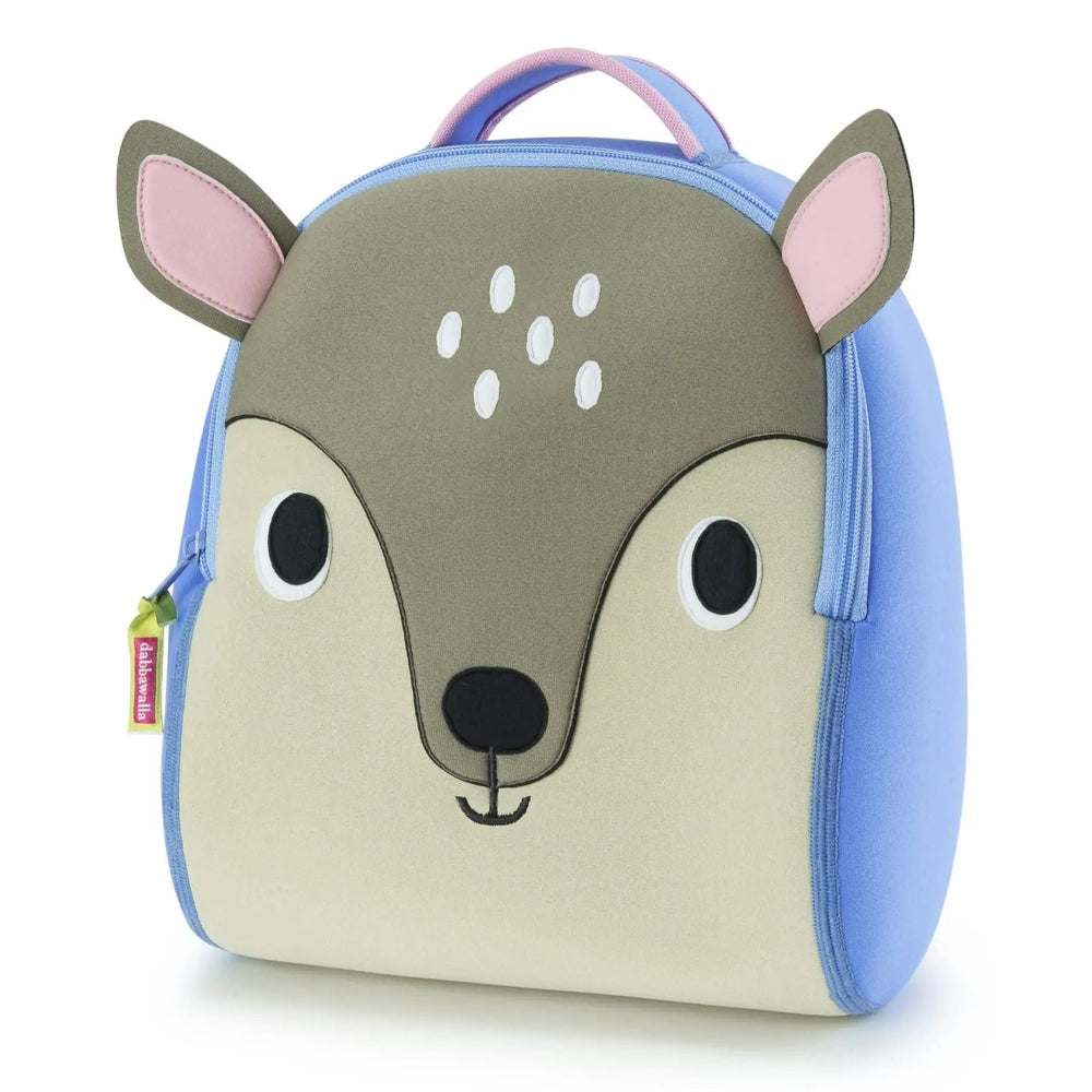 Dabbawalla Toddler Backpack blue deer-face design with pink ears; top handle and zipper pull ready for grabbing.