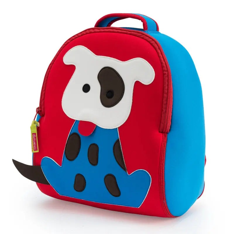 Dabbawalla Toddler Backpack red-front blue-sides, upright with bold cartoon dog motif.
