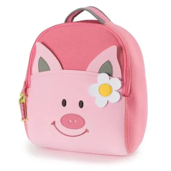 Dabbawalla Toddler Backpack in pink pig design with a flower accessory and top handle.
