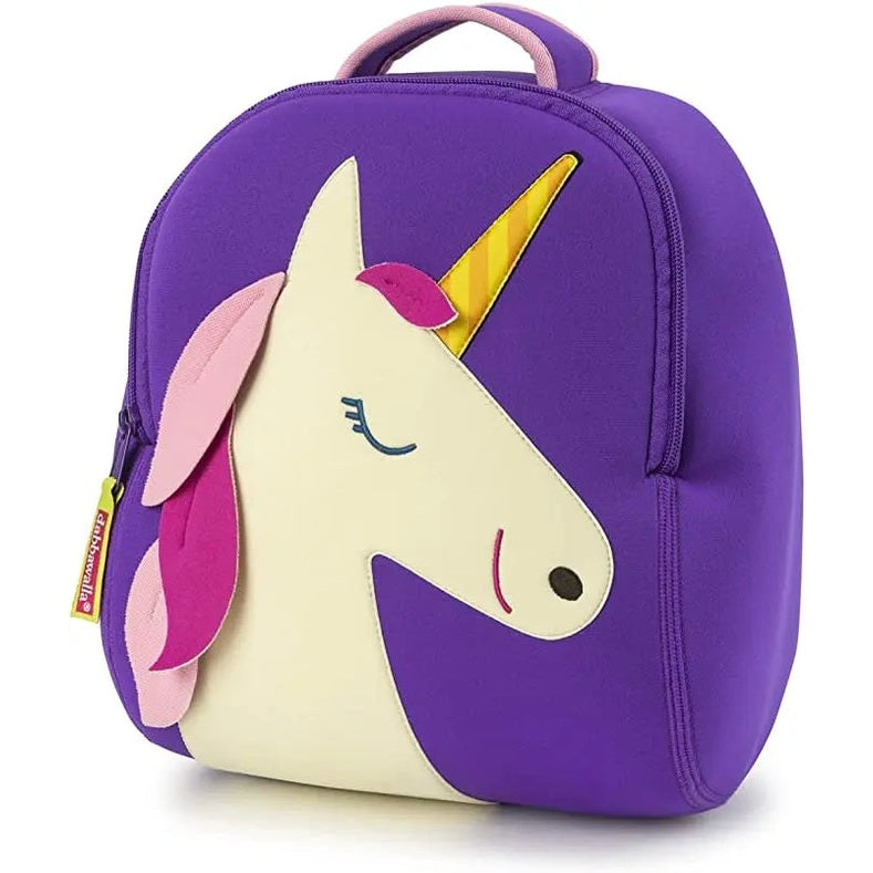 Dabbawalla Toddler Backpack in purple with unicorn design; pastel mane, yellow horn, top handle and zipped closure.