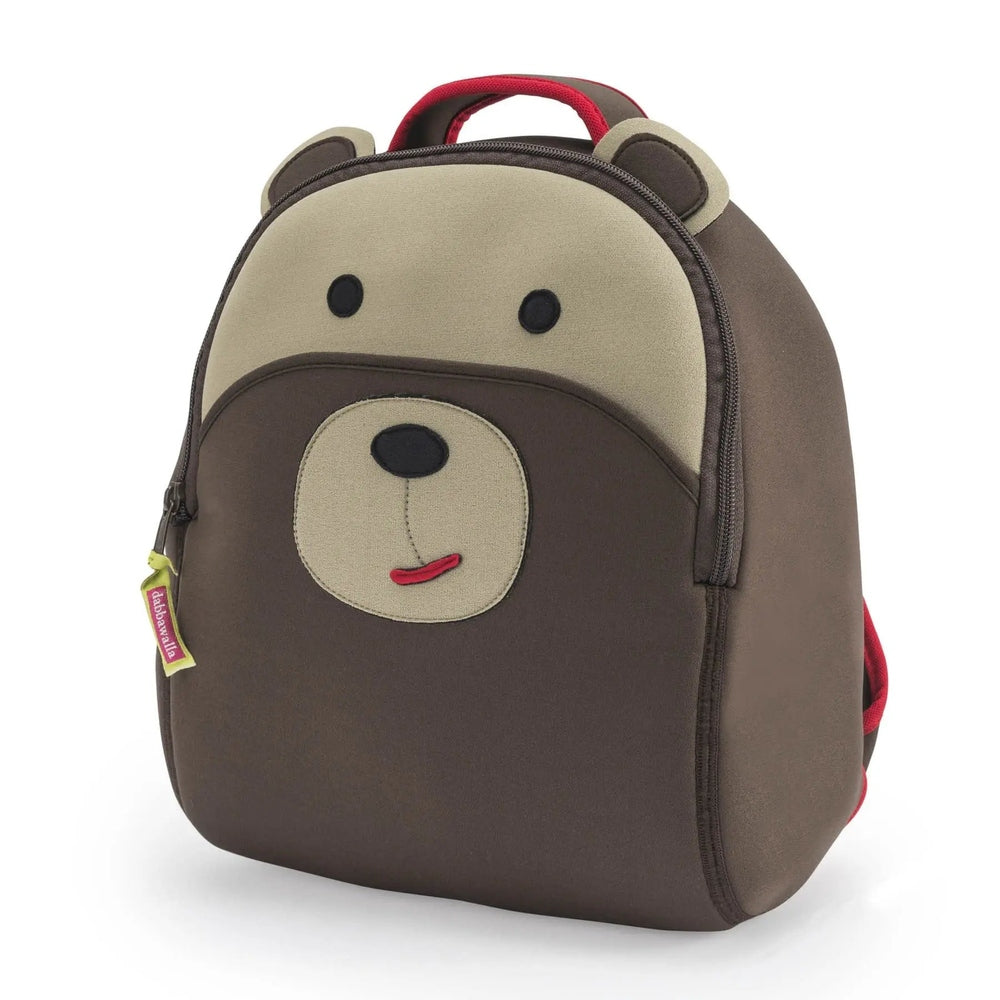 Dabbawalla Toddler Backpack bear design in brown with tan face and red top handle, zipper pull visible