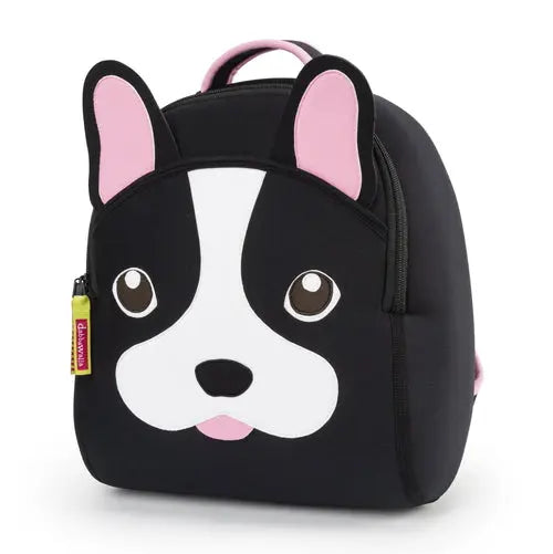 Dabbawalla Toddler Backpack in black with pink-eared dog face, showing pink zipper pull and top handle
