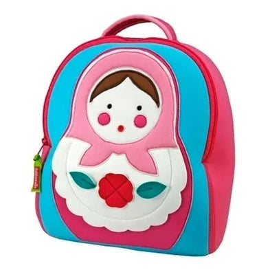 Dabbawalla Toddler Backpack in blue and pink with doll-face applique and floral accent; shows a green zipper pull.