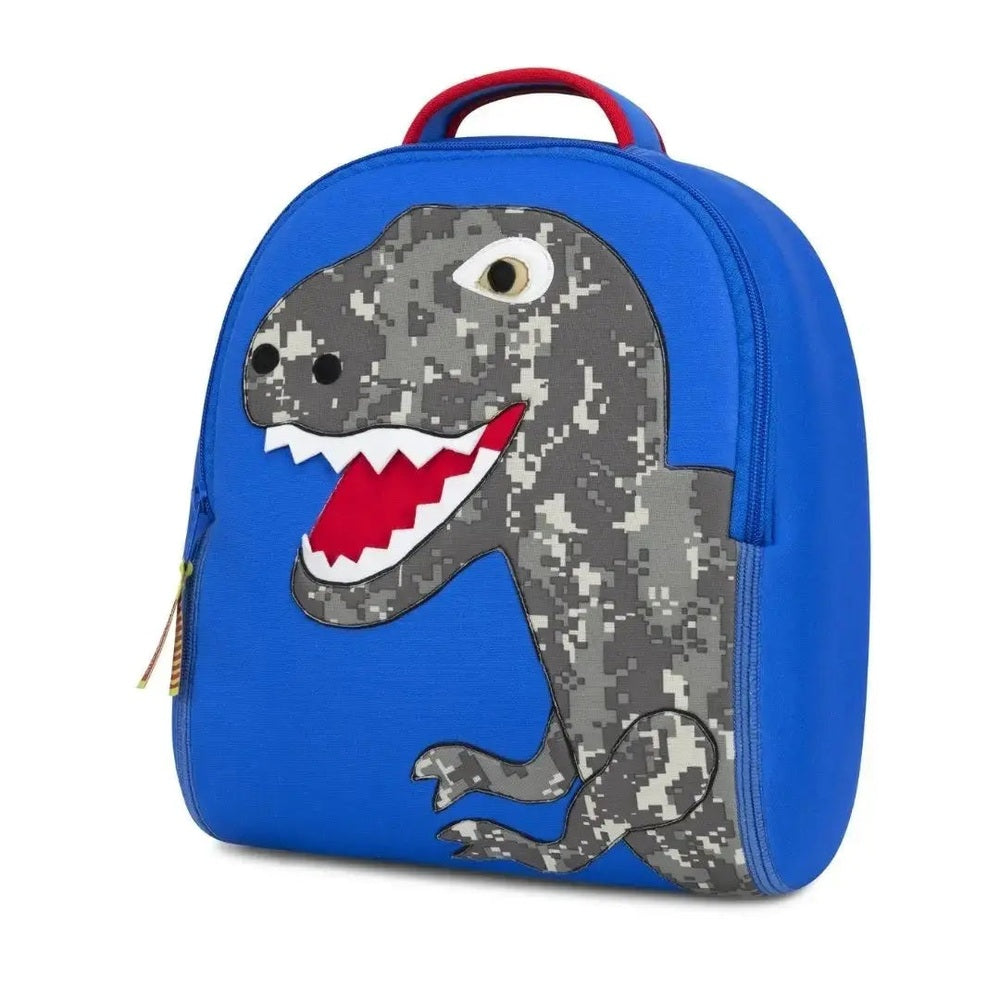 Dabbawalla Toddler Backpack, blue with red handle, gray digital-camo dinosaur patch on the front.