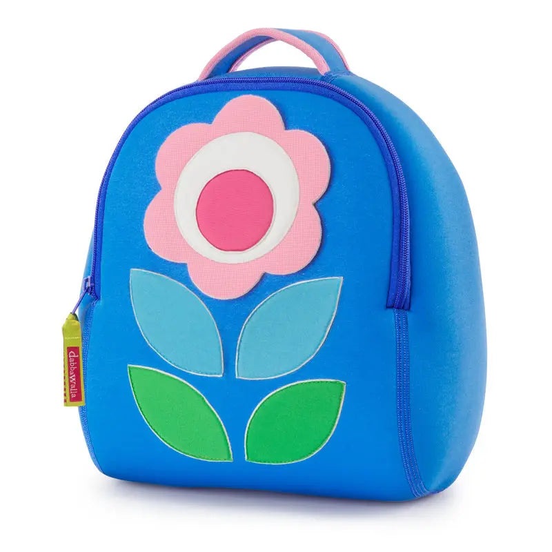 Dabbawalla Toddler Backpack blue with pink flower applique and green leaves, zipper closed.
