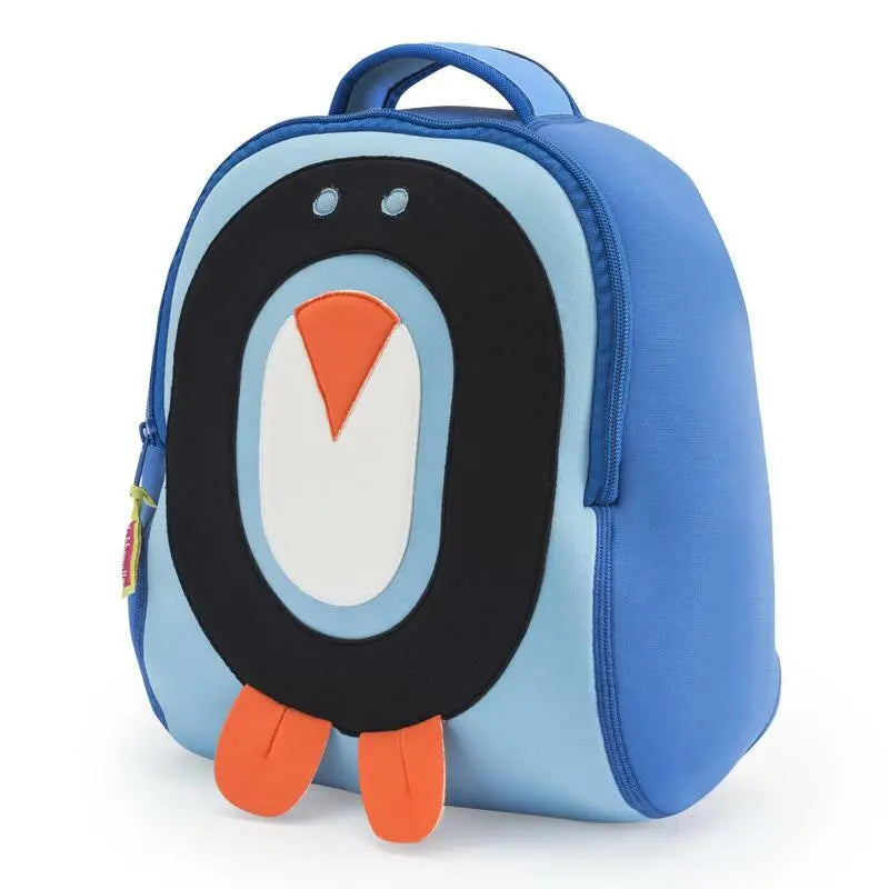 Dabbawalla Toddler Backpack in blue penguin design with orange feet and top handle.