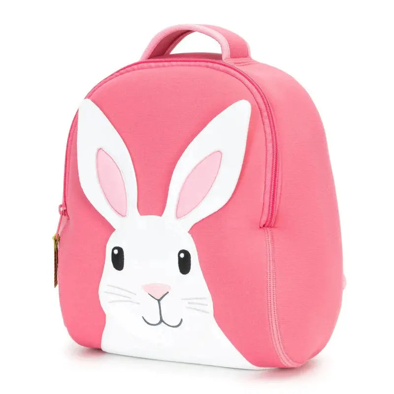 Dabbawalla Toddler Backpack pink with white bunny face, zipper closed and top handle visible.