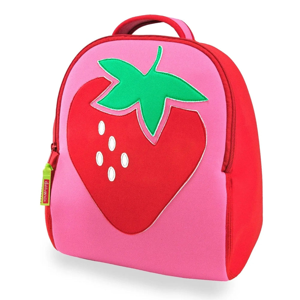 Dabbawalla Toddler Backpack pink body with red sides and large strawberry applique, showing kid-friendly small size.
