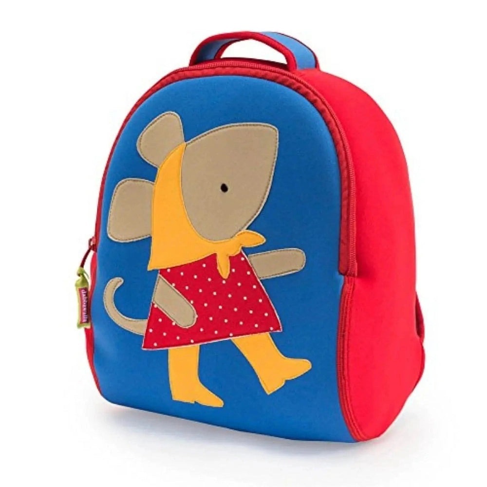 Dabbawalla Toddler Backpack in blue with a yellow elephant appliqué wearing a red polka-dot dress, red sides.