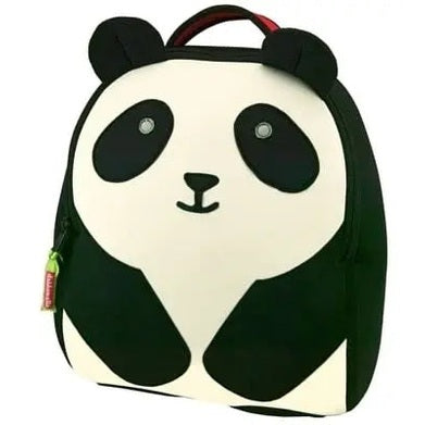 Dabbawalla Toddler Backpack panda design in black/white; child grips top handle and slides zipper.