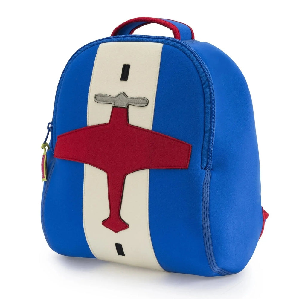 Dabbawalla Toddler Backpack in blue with cream stripe and red cross emblem, zipper closed for easy access.