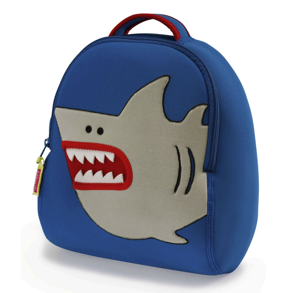 Dabbawalla toddler backpack Shark Tank in blue with beige shark graphic and red zipper mouth