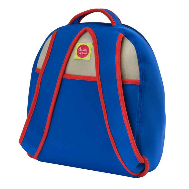 Dabbawalla toddler backpack Shark Tank in blue with red trim and matching handle