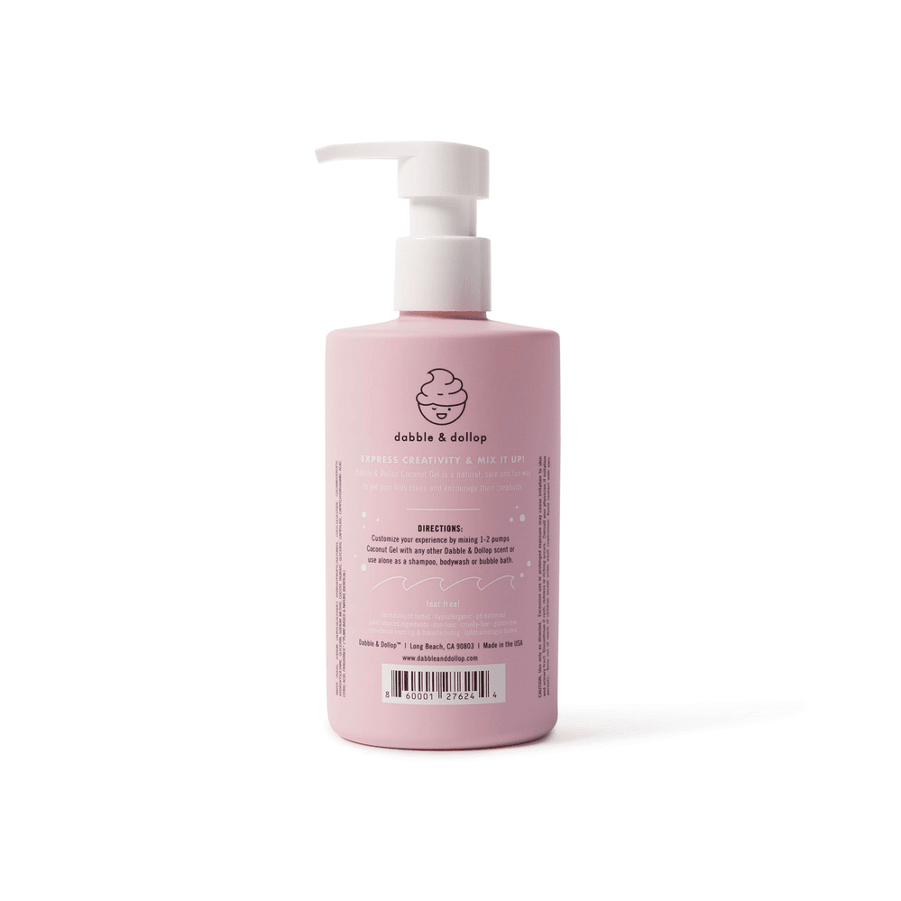 Dabble & Dollop All-Natural Shampoo, Body Wash & Bubbles Coconut pump bottle in pink, logo visible.