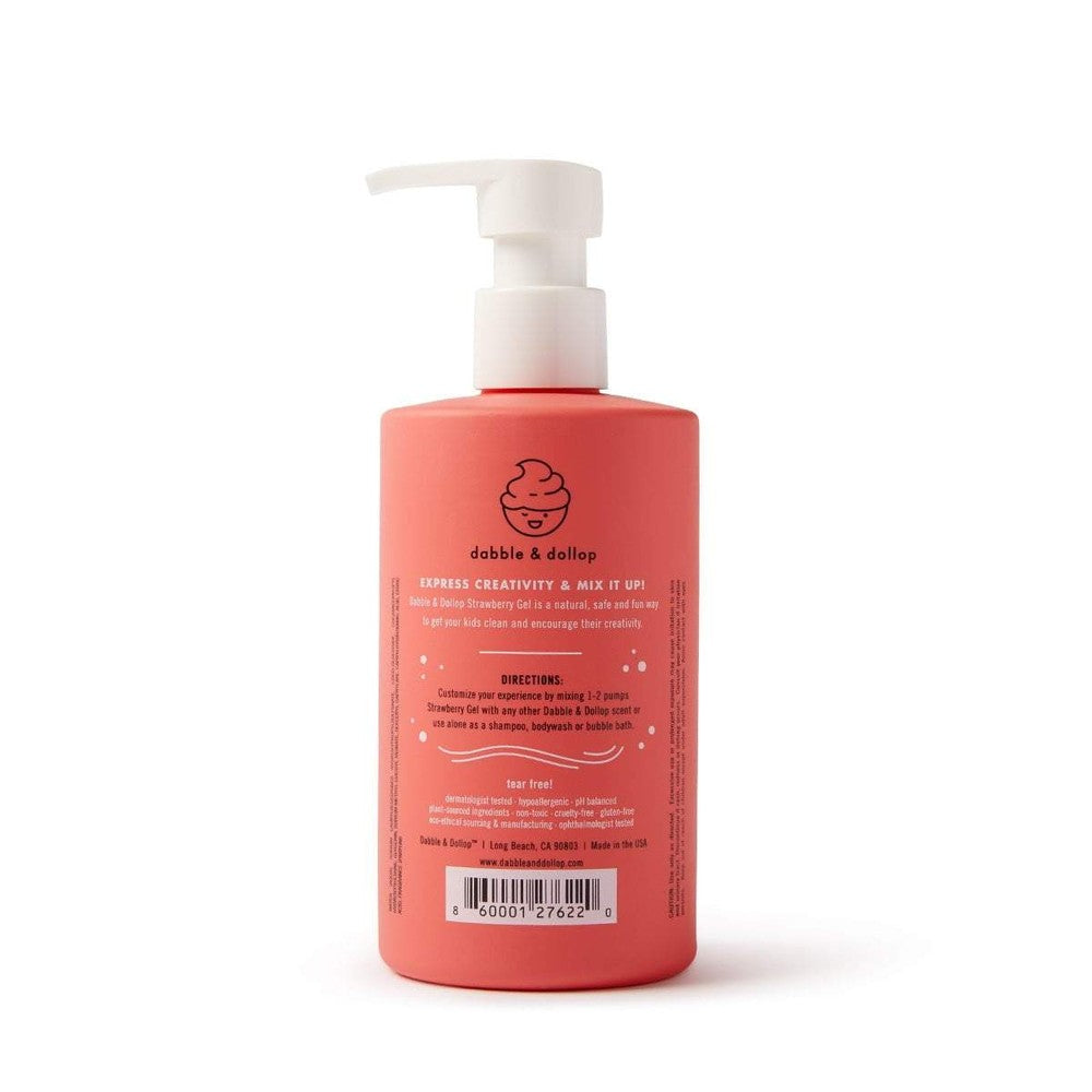 Dabble & Dollop All-Natural Shampoo, Body Wash & Bubbles Strawberry bottle with white pump in coral pink.
