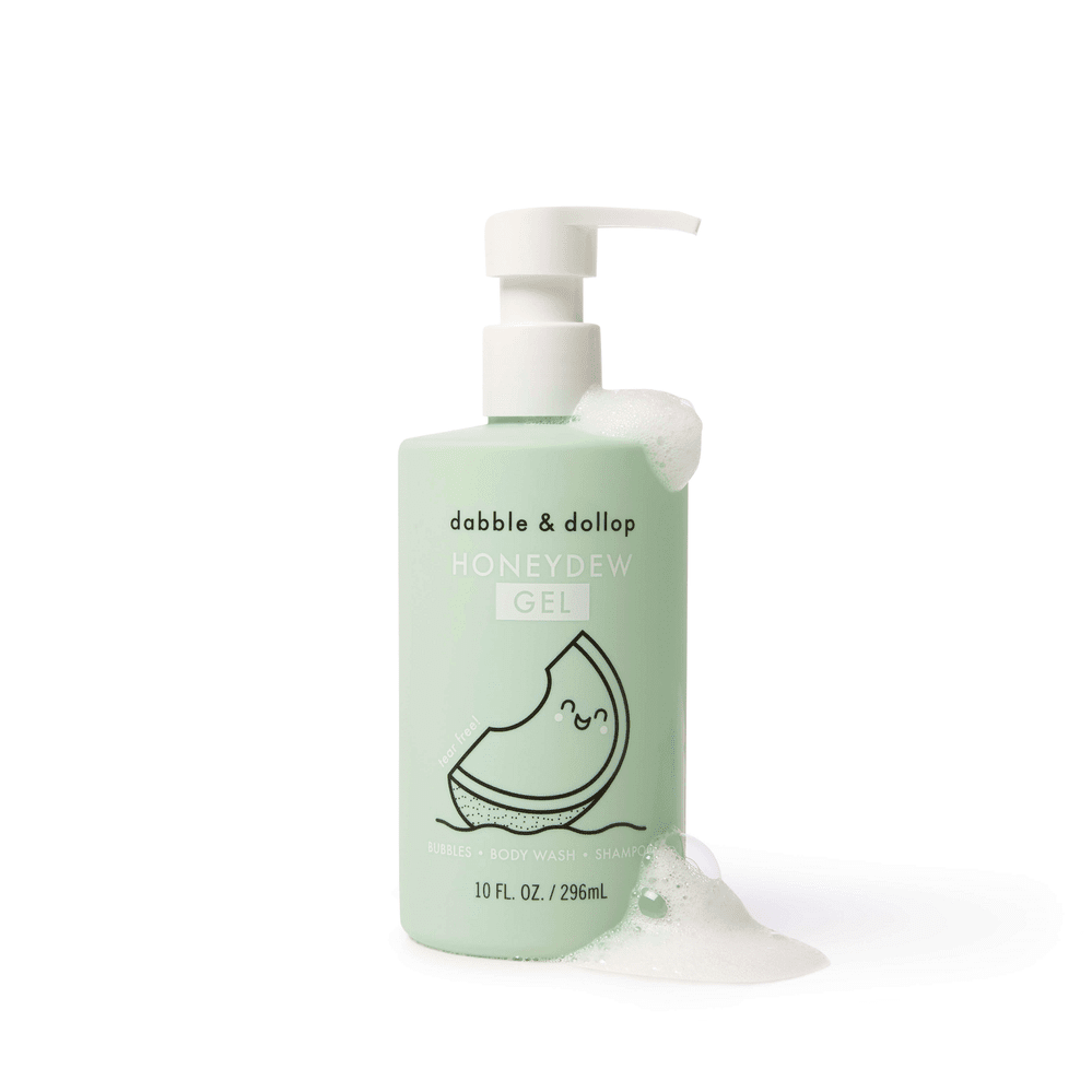 Dabble & Dollop All-Natural Shampoo, Body Wash & Bubbles Honeydew mint-green bottle with pump dispensing foam.