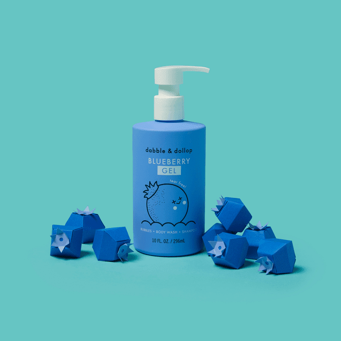 Dabble & Dollop All-Natural Shampoo, Body Wash & Bubbles Blueberry bottle with pump on teal backdrop.
