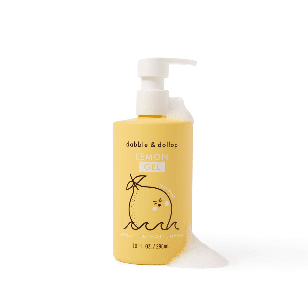 Dabble & Dollop All-Natural Shampoo, Body Wash & Bubbles Lemon bottle with pump, featuring lemon graphic and foam.