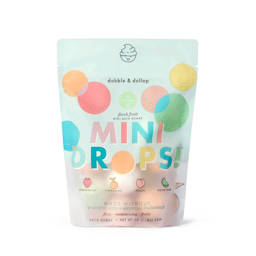 Dabble & Dollop Mini Drops Bath Bombs bag in pastel colors; all-natural fresh fruit scent, set of 12 × 0.8 oz.