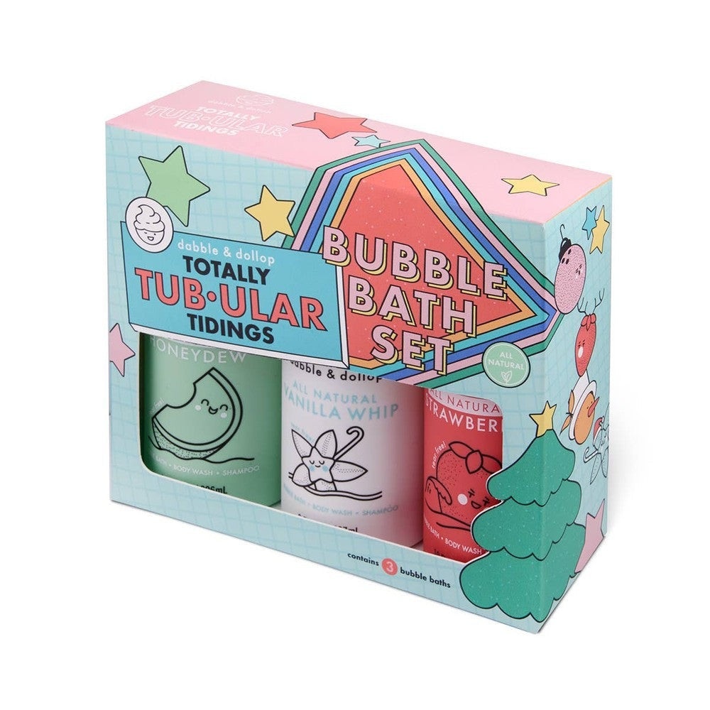 Dabble & Dollop Totally Tub-ular Holiday Bath Set: three bubble bath bottles in green, vanilla whirl, and strawberry red.