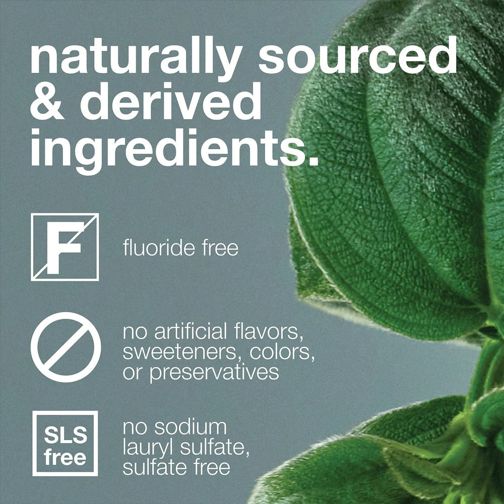 DAVIDS Toothpaste Fluoride Free Spearmint with natural ingredients, mint leaf background.