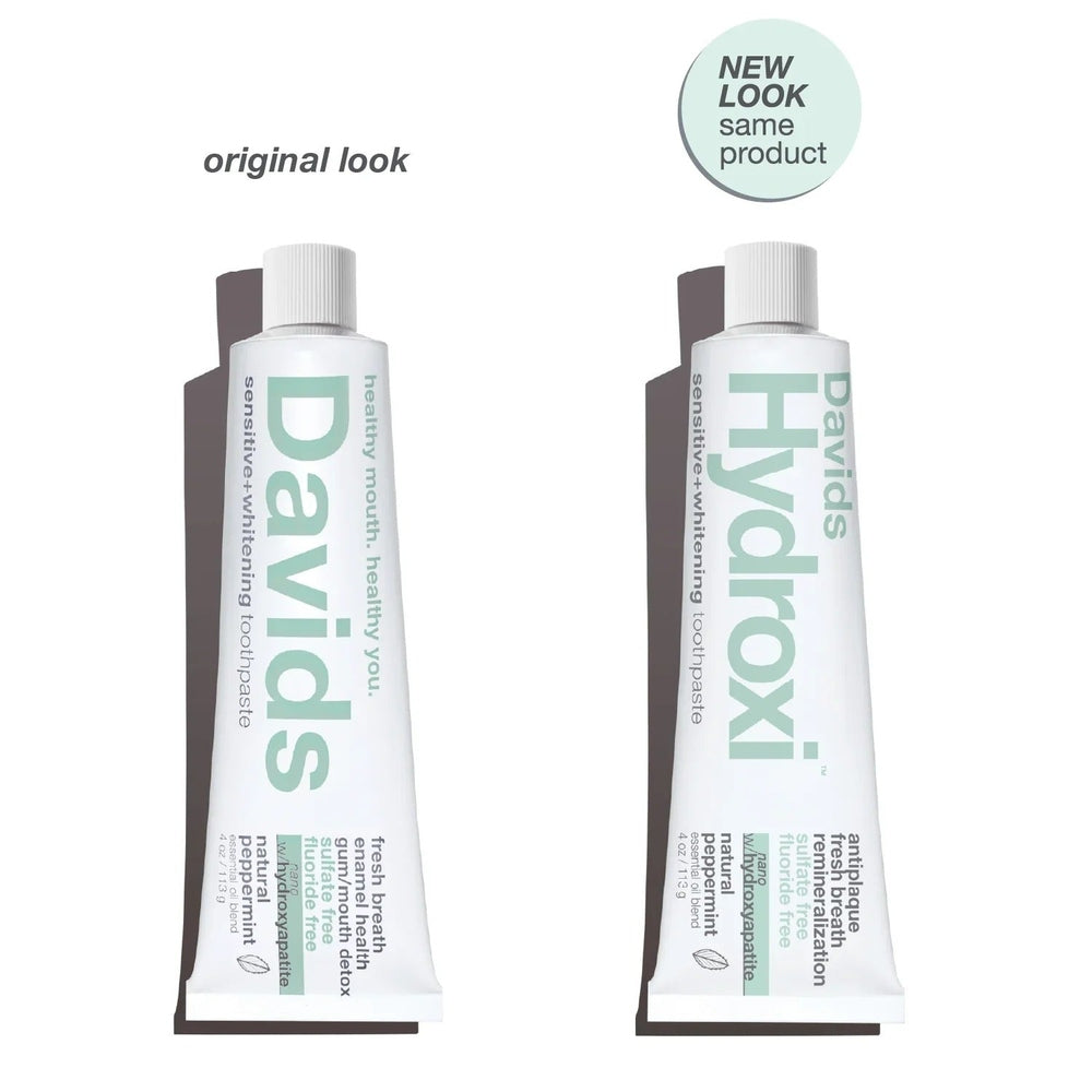 Davids Toothpaste Sensitive & Whitening Fluoride Free Peppermint; two upright tubes with mint-green branding.