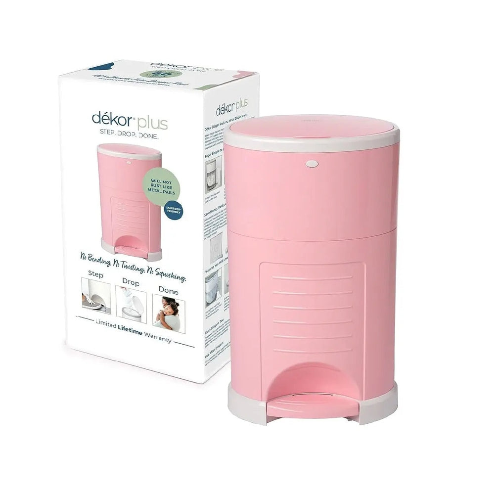 DEKOR Plus Diaper Pail, pink with white lid, featuring a foot-operated pedal for hands-free disposal.