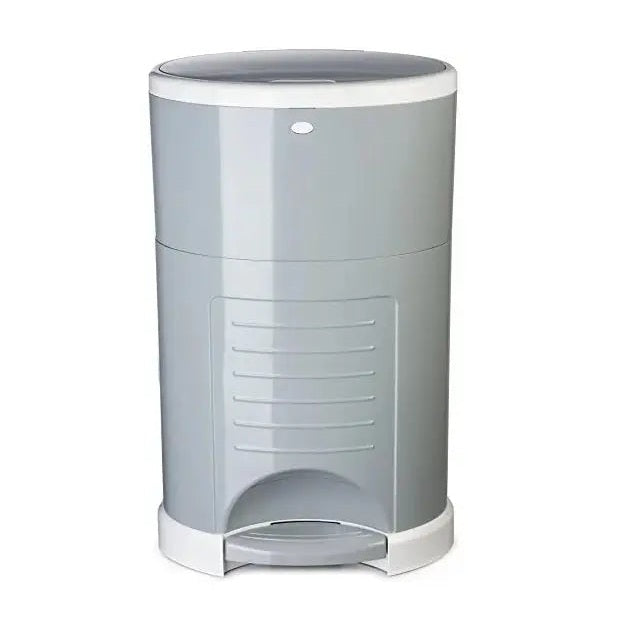 Dekor Plus Diaper Pail in light gray with white lid, pedal-operated lid for hands-free diaper disposal.