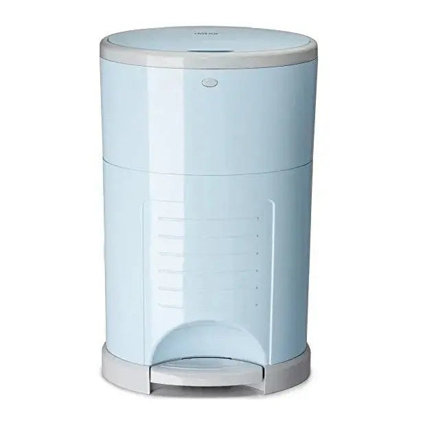 Dekor Plus Diaper Pail in light blue, pedal-operated lid shown for hands-free use.